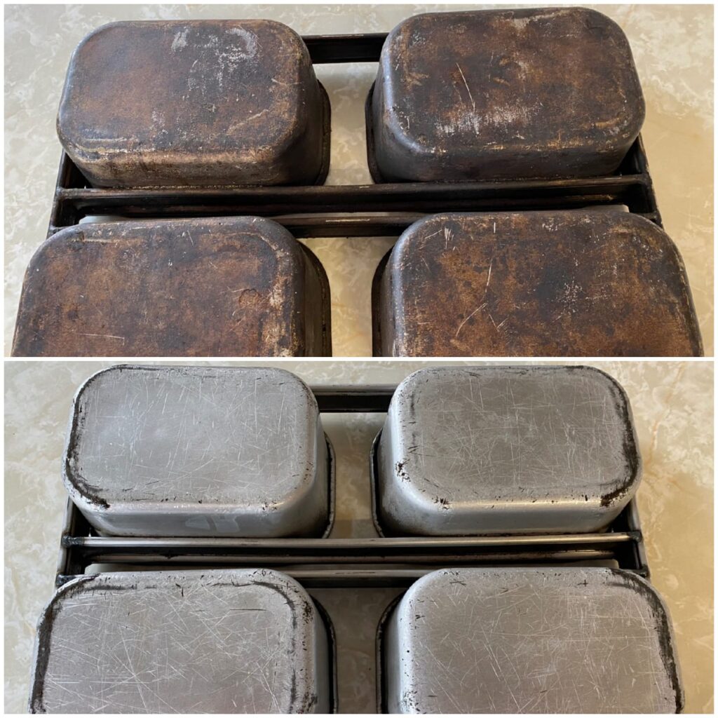 Dramatic before and after image of 4-loaf brand pans, with the pans before very dirty and the pans after very clean
